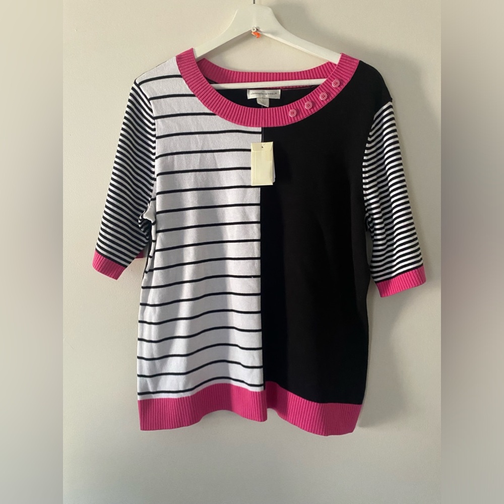 Christopher & Banks mod style striped black and white pink sweater